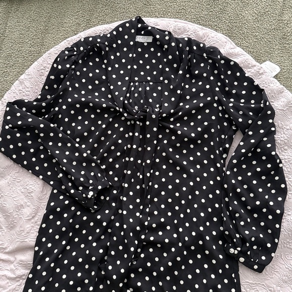 Forever 21 tie neck long sleeves tunic mini dress Black White Polka Dots Sz M - Picture 7 of 8